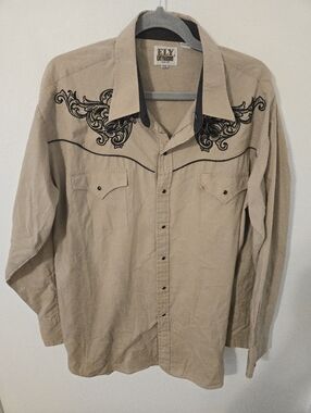 Ely Cattleman Pearl Snap Western Shirt Tan Embroidered Cowboy Mens XXL